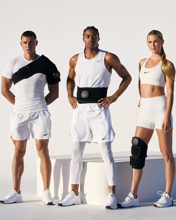 Three athletes wearing Nike sports attire, eaching wearing either a Venom 2 Shoulder, a Venom 2 Leg, or a Venom 2 Back on a white background
